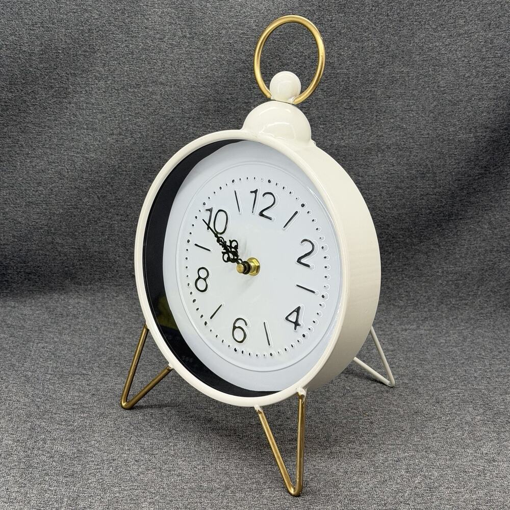 White Metal Clock Gold Accents Round Desktop Shelf Mantel Decor Battery Operated